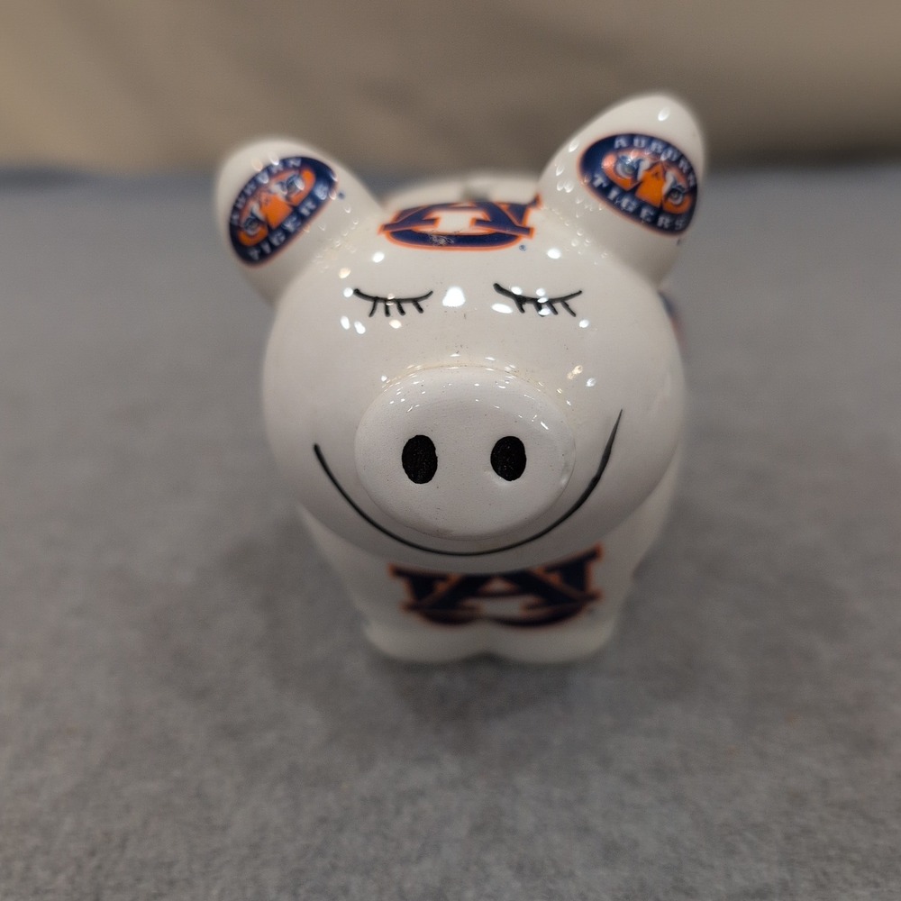 Auburn Tigers NCAA Ceramic Piggy Bank White Blue Orange Jenkins Logo Coin Bank - Picture 3 of 5